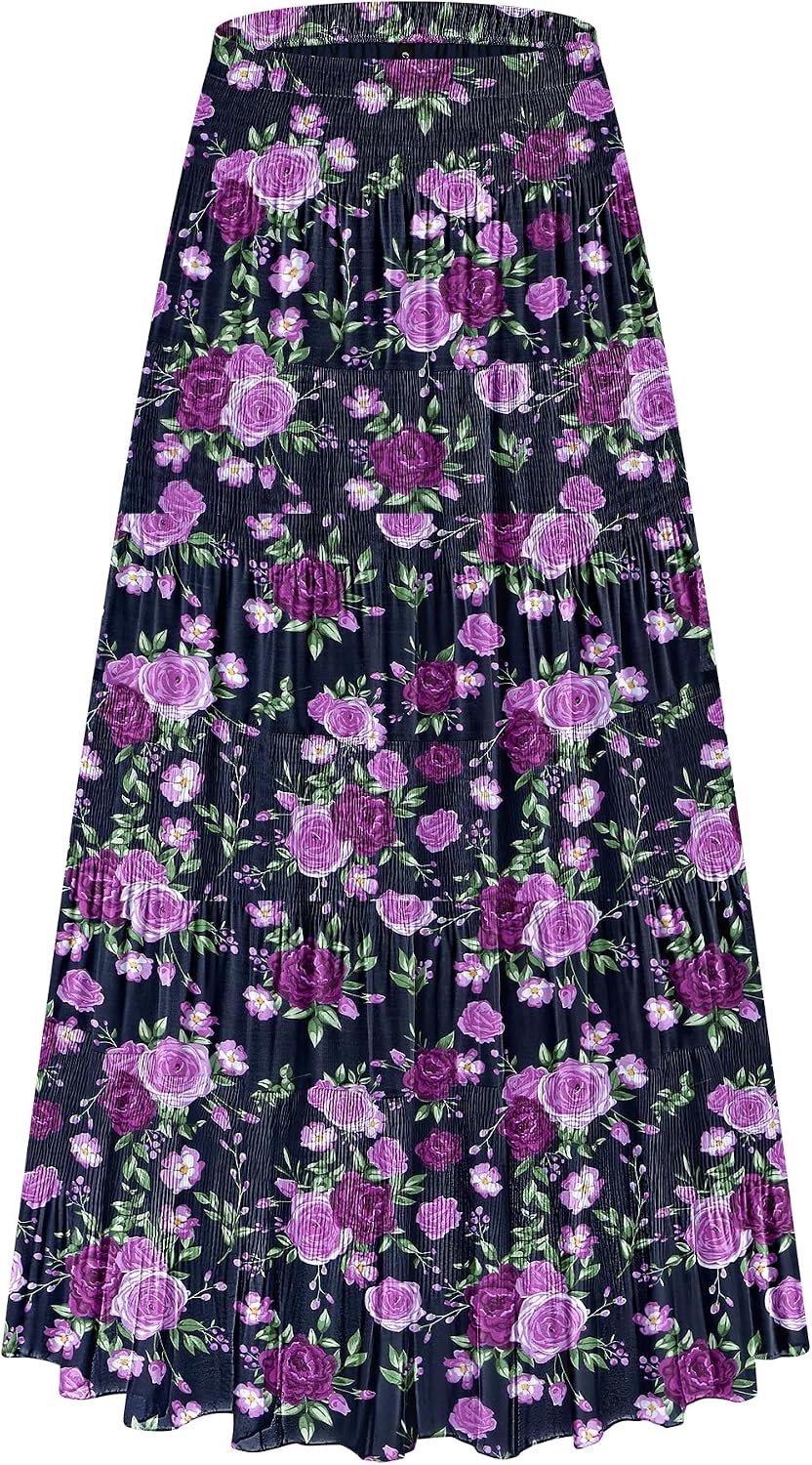 CYiNu Women's Chiffon Elastic High Waist Tiered Pleated Floral Printed A-Line Boho Long Maxi Skirts