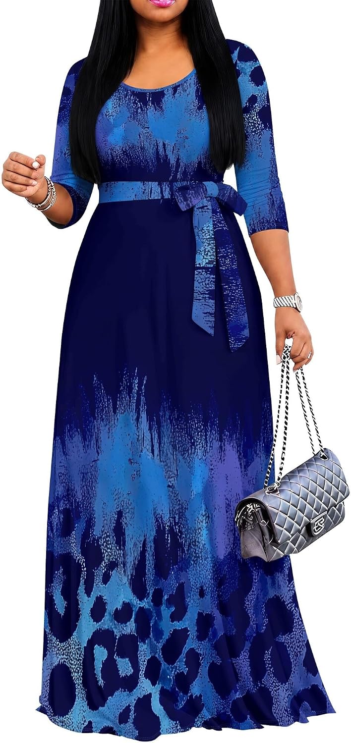 PinkPatty Women's Plus Size V Neck 3/4 Sleeve Boho Maxi Dress with Pockets