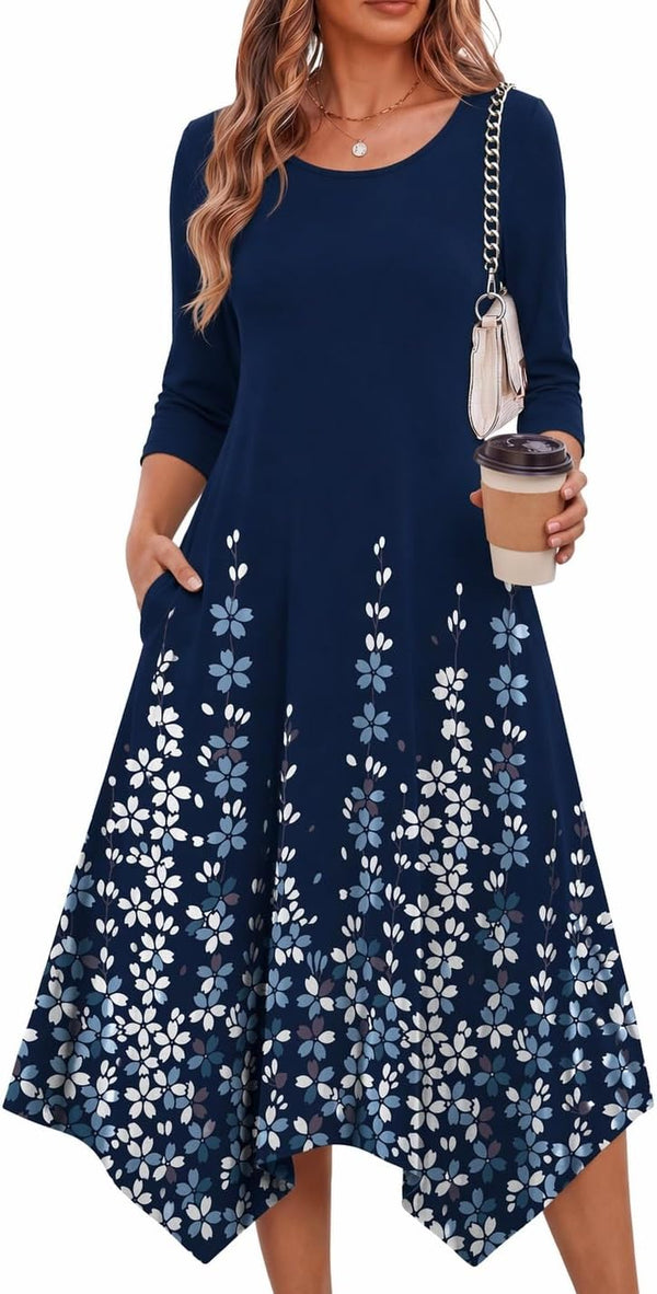 Zeagoo Midi Dresses Women 2026 Dress 3/4 Sleeve A Line Casual Dresses with Pockets