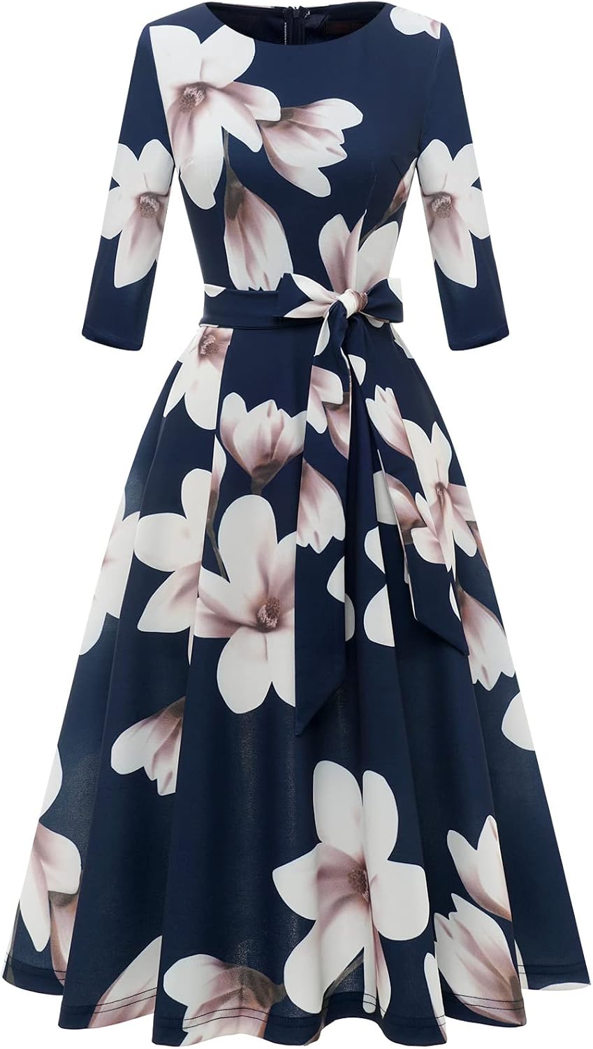 DRESSTELLS Cocktail Dresses for Women, Vintage Wedding Guest 3/4 Sleeves Formal Church Tea Dress