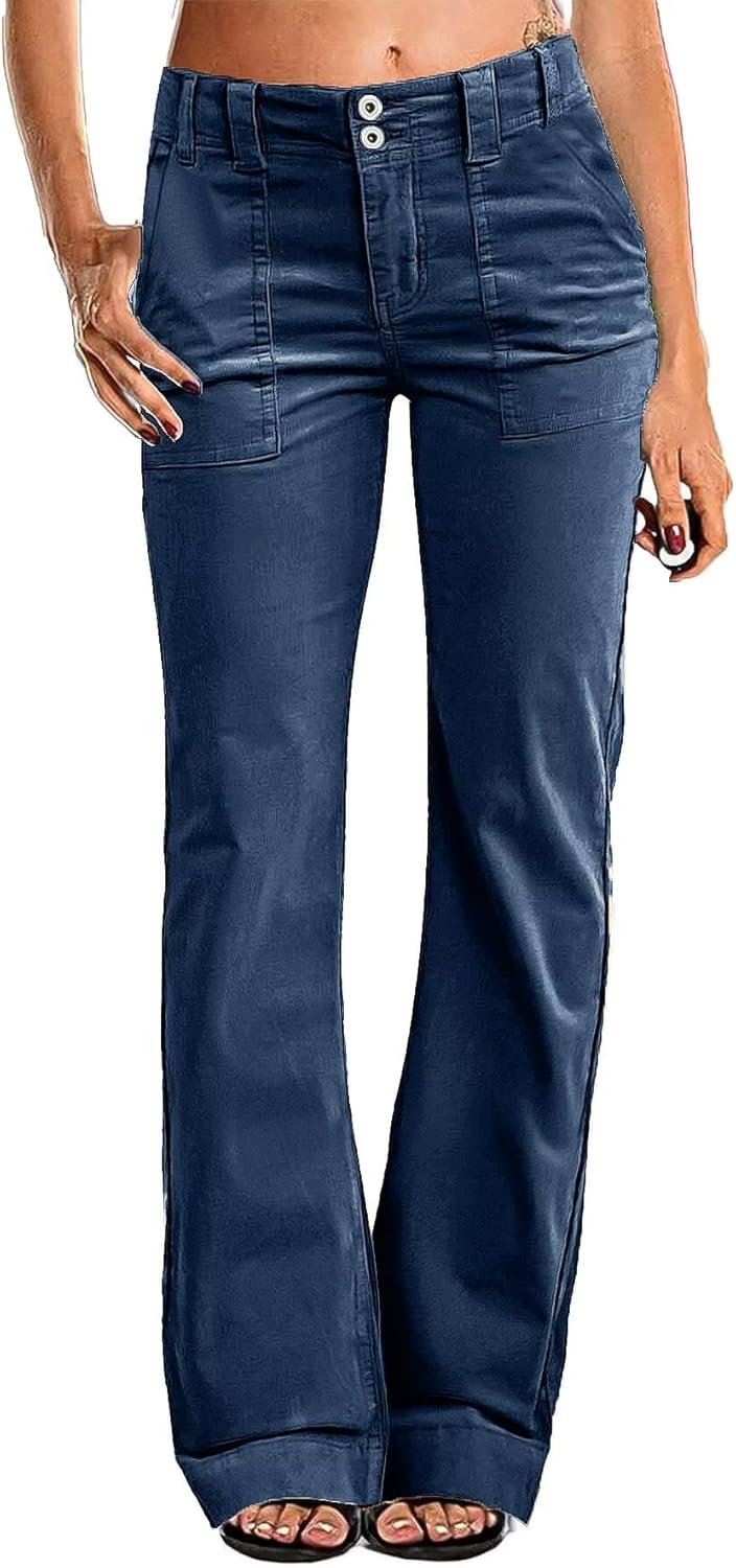 Women Mid Waist Dress Flare Straight Leg Corduroy Pants
