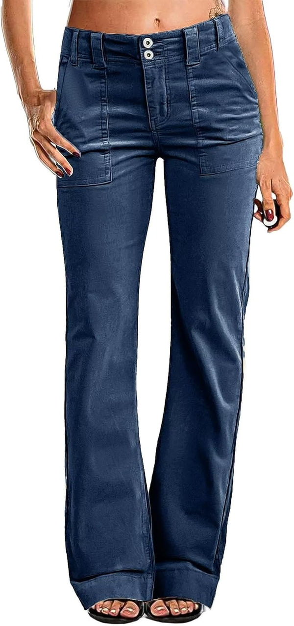 Women Mid Waist Dress Flare Straight Leg Corduroy Pants
