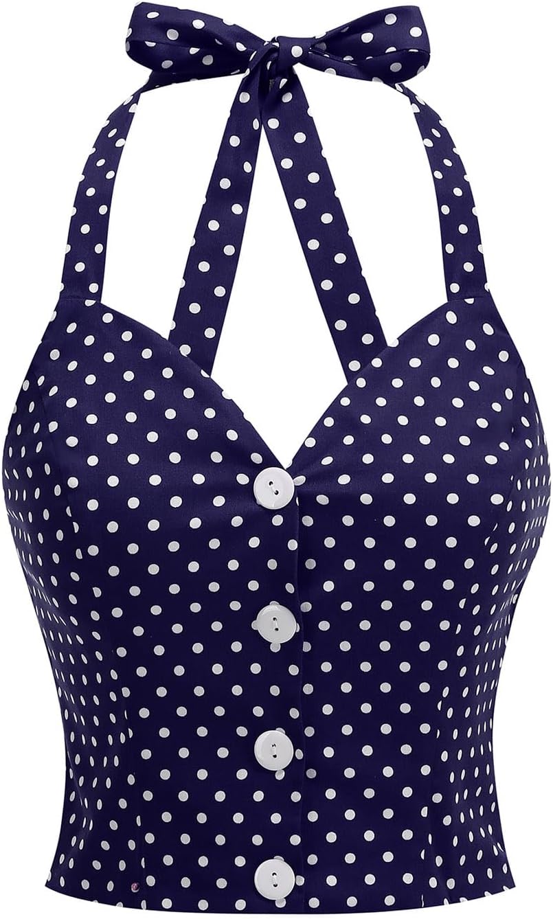 Vintage Tops for Women 1950s Polka Dot 50s Pin up Rockabilly Top Halter V Neck Pinup Retro Tops 50's Vintage Blouses Tank Top