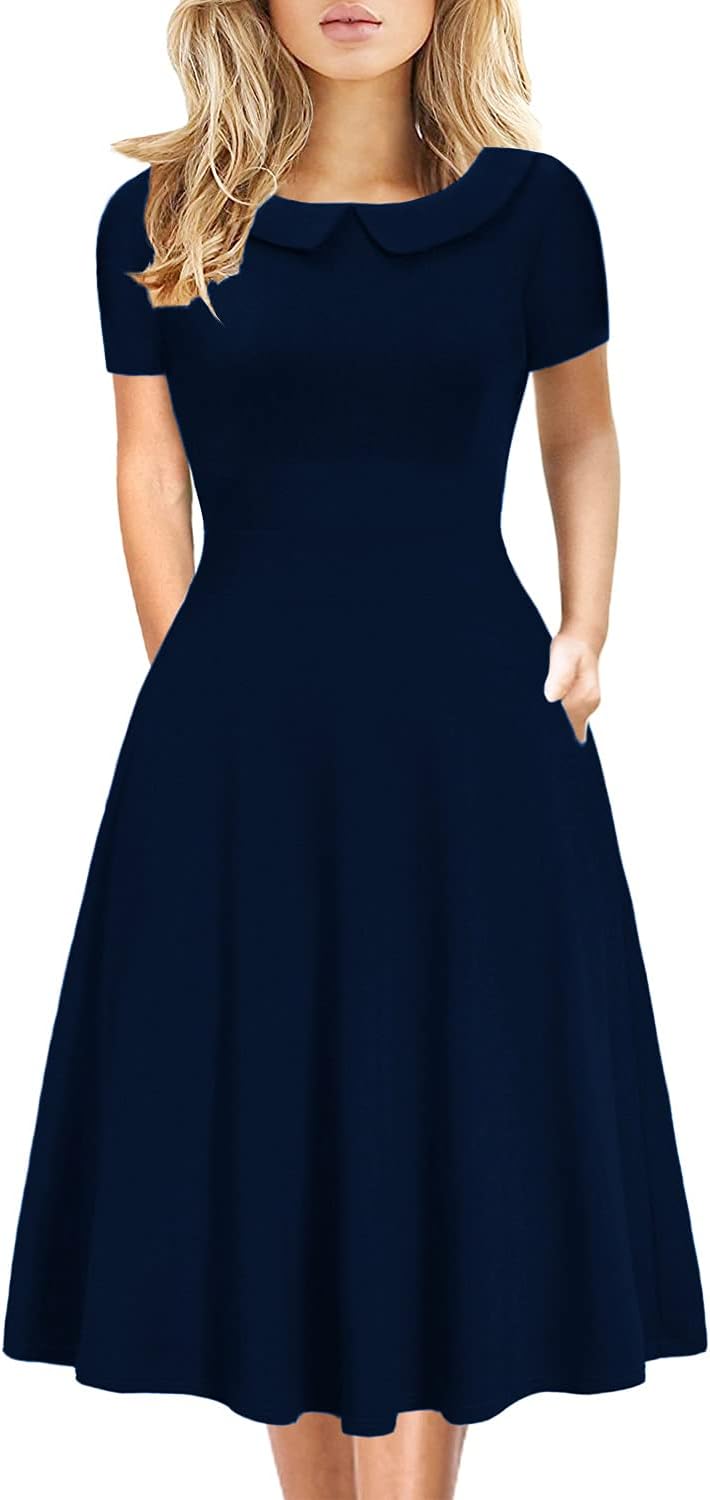 Women's Elegant Vintage Dresses Knee Length Casual Floral Print Work Party Peter Pan Collar A-Line Dress with Pockets 978