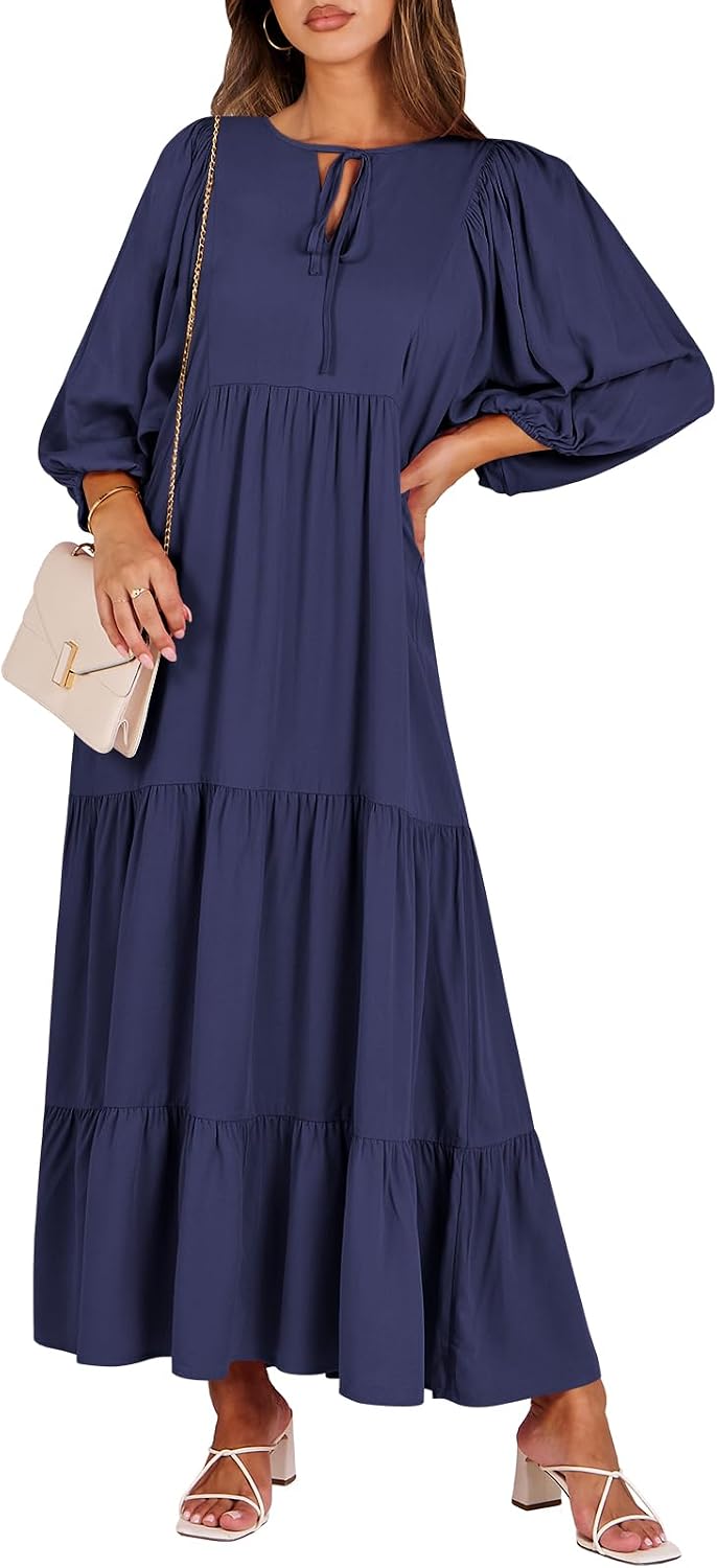 ANRABESS Womens Boho Floral 3/4 Puff Sleeve Maxi Dress