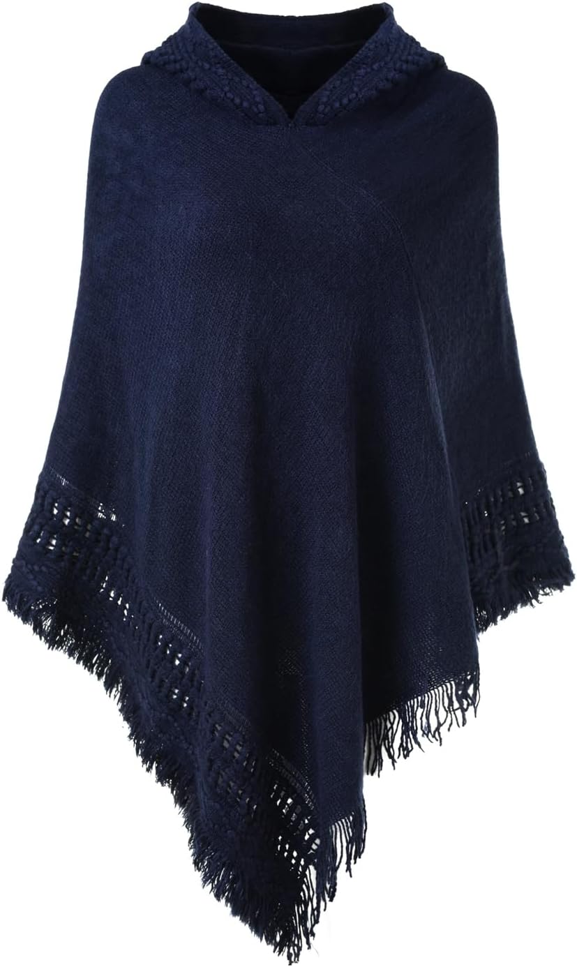 Ferand Women's Witchy Hooded Knit Poncho with Fringe