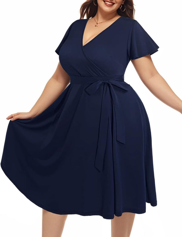 Pinup Fashion Plus Size Wedding Guest Semi Formal Cocktail Wrap Knee Dress | Knit, faux wrap v-neck, short ruffle sleeves, empire waist, removable belt, knee-length, wedding guest, semi formal, easter