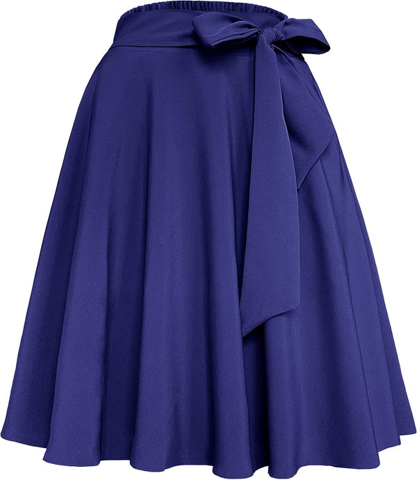 Womens Vintage High Waist A-Line Skater Skirt Flared Midi Skirt with Pockets