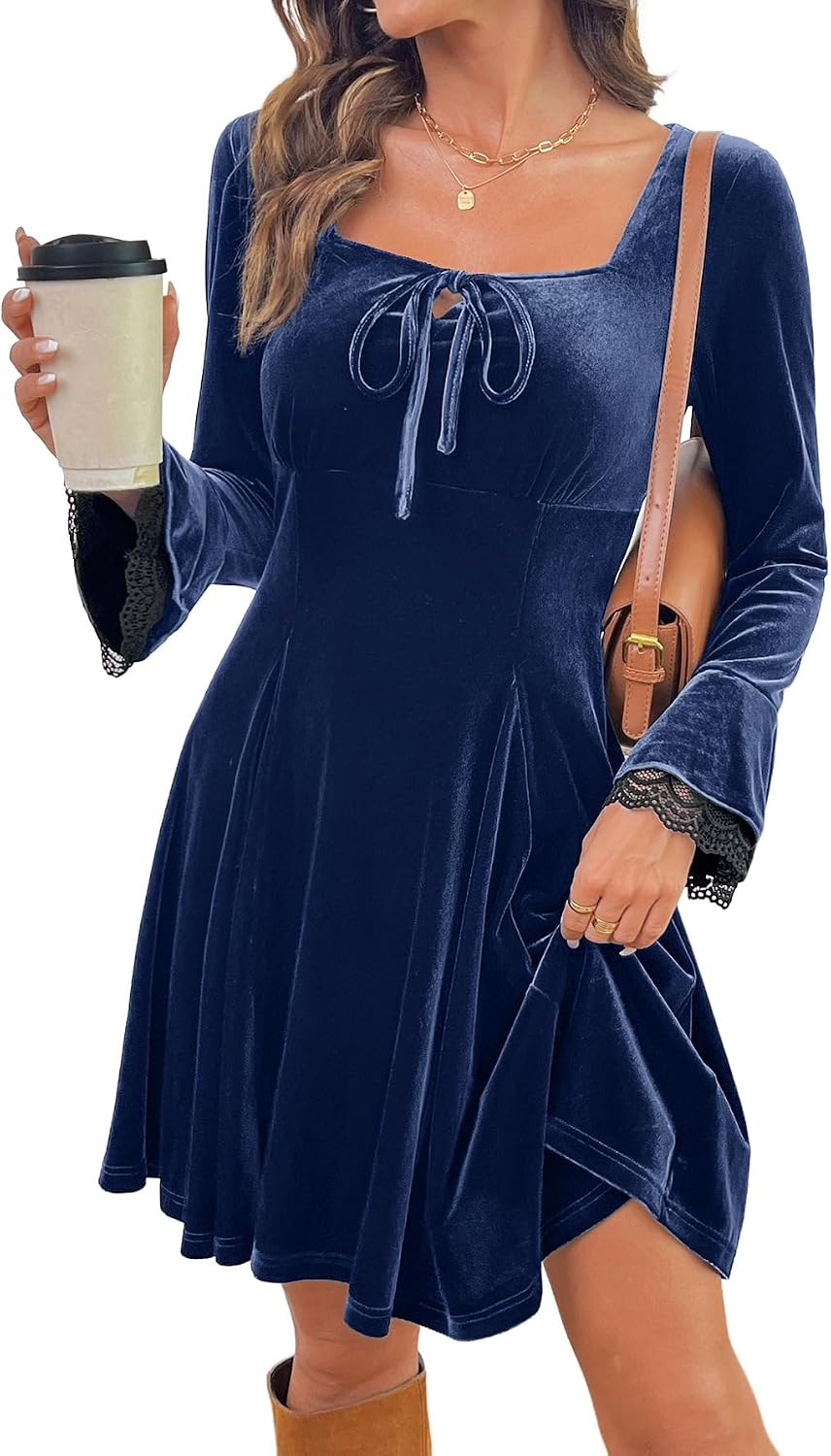 Dokotoo Womens Fall Dresses Lace Long Sleeve Velvet Dress