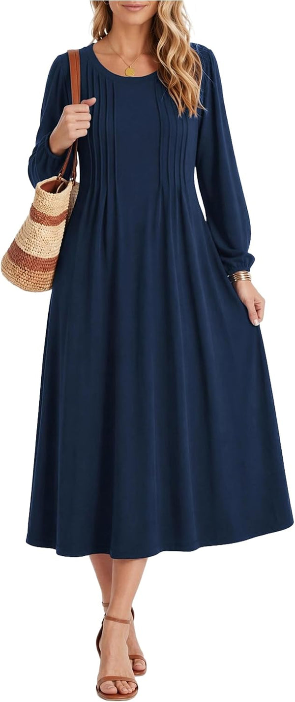 Zeagoo Fall Dresses for Women Long Sleeve Midi Dress Casual A Line Dresses 2026 Pleated Flare Dress with Pockets