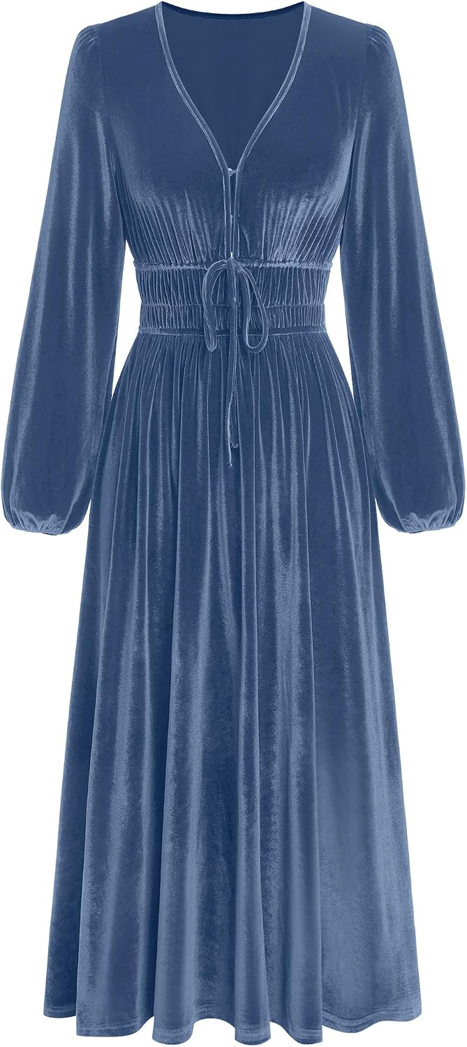 ZAFUL Women's V Neck Velvet Midi Dress Long Sleeve Formal Cocktail Dress