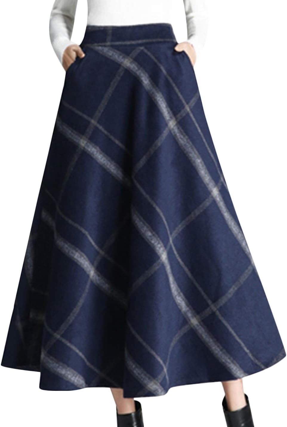Tanming Womens Plaid Skirt Wool A‑Line Pleated Long Skirt