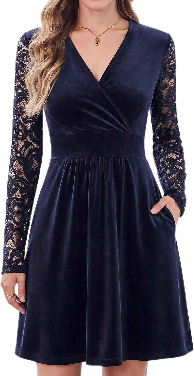 AUSELILY Velvet Dress for Women V Neck Lace Sleeve Wrap Dress