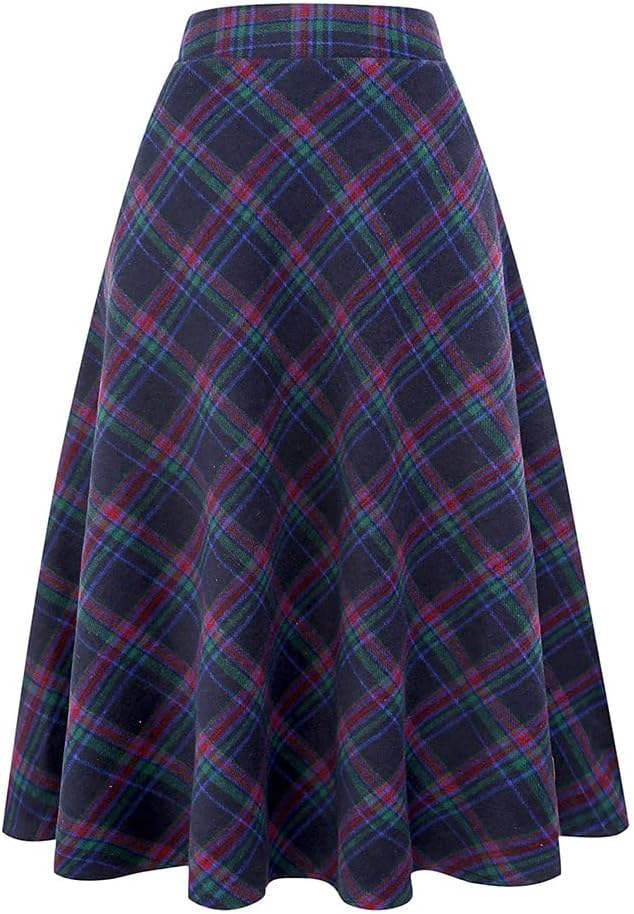 Long Plaid Wool Skirt for Womens Winter Fall Warm High Elastic Waist A line Flared Pleated Wool Tartan Skirts