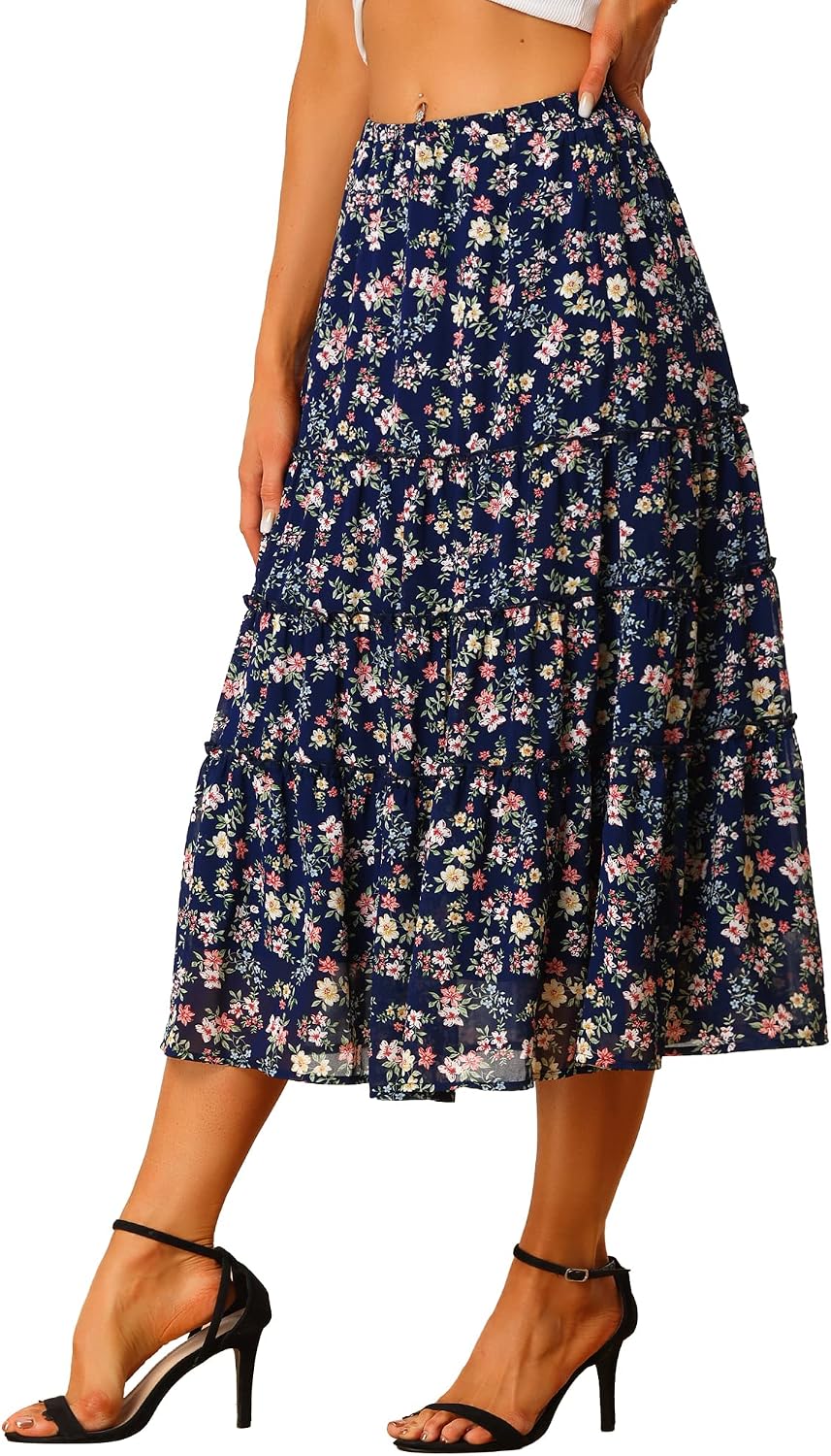 Allegra K Women's Floral Skirt Chiffon A-line Long Tiered Ruffle Maxi Skirt