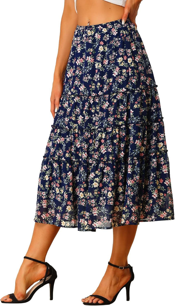 Allegra K Women's Floral Skirt Chiffon A-line Long Tiered Ruffle Maxi Skirt