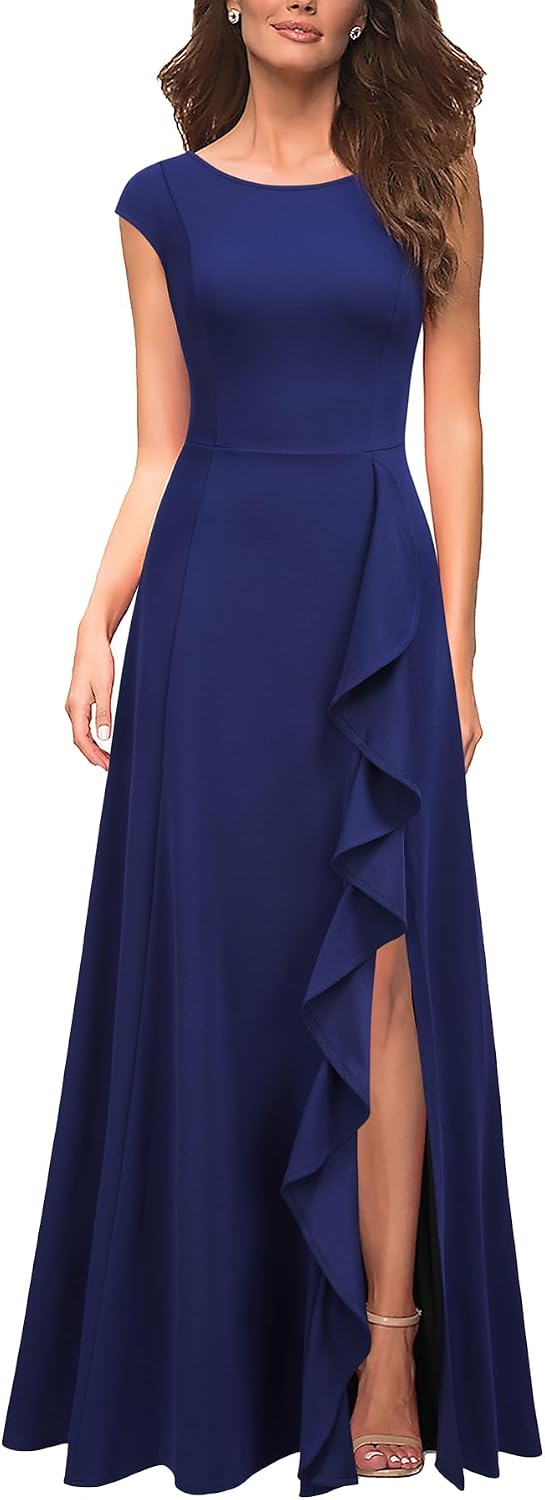 MUSHARE Women's Cocktail Dresses with Pockets Ruffled Sexy Split Party Long Formal Dress