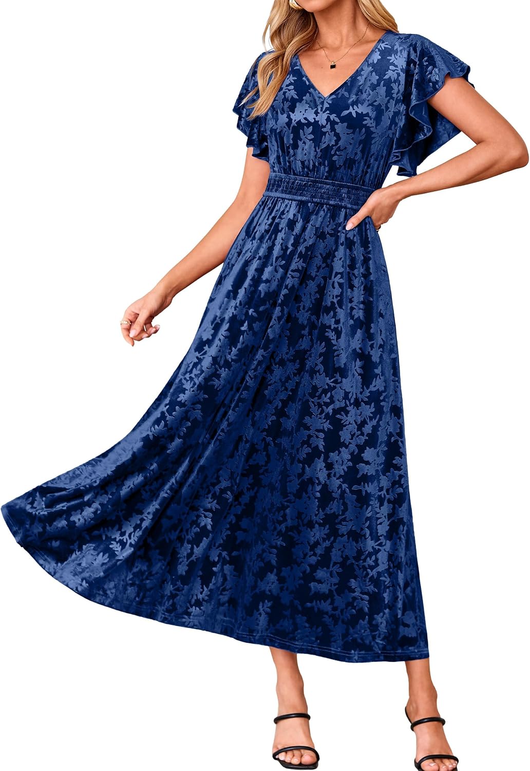 BerryGo Women's Fall Velvet Floral Maxi Wedding Guest Dress