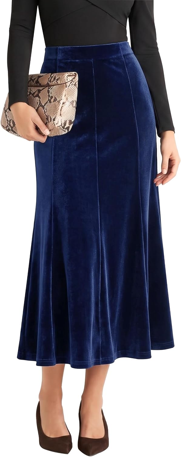 Urban CoCo Women's Velvet A-Line Midi Skirt High-Waisted Stretch