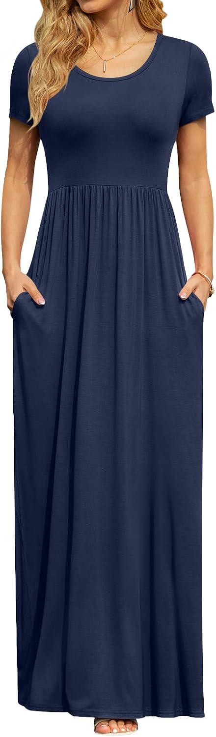 DB MOON Women's Summer Maxi Dress Casual Short Sleeve Empire Waist Pockets