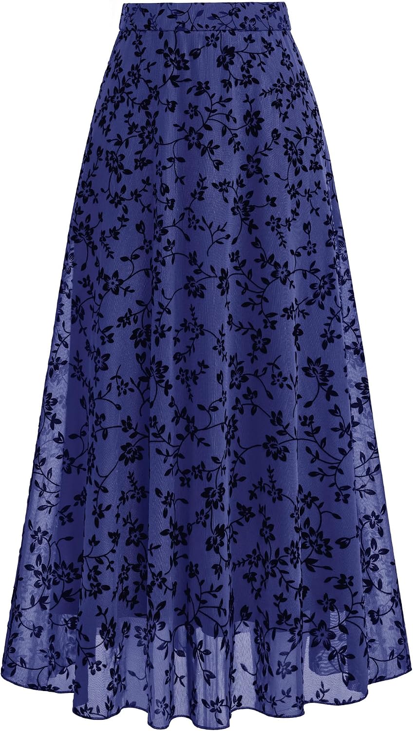 BTFBM Womens Floral Mesh Maxi Skirts Long Tulle Skirt