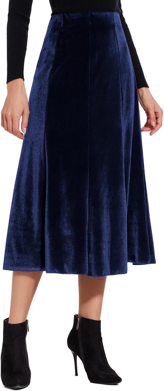 Women’s Elegant Vintage Velvet Midi Skirt Flowy 8-Panel Design
