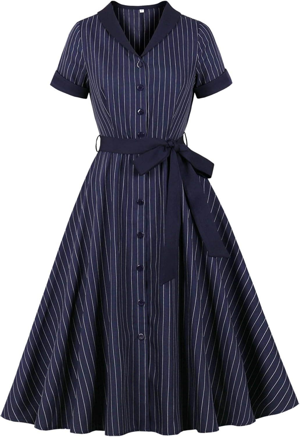 Women's 1950s Retro Striped Dress - Vintage Collared Button Down A Line Swing Dress with Removable Belt for Commuting