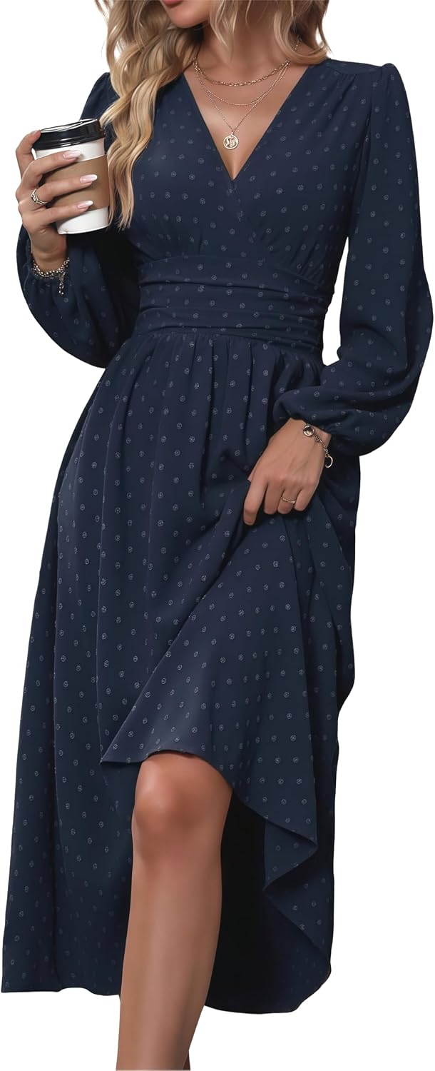 Mettclasi Women's Spring Fall Swiss Dot V-Neck Midi Dress Casual Puff Long Lantern Sleeve A-Line Flowy Wedding Guest Dress