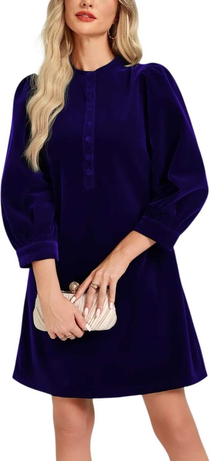 Ladyful Velvet Dress for Women Fall 3/4 Sleeve Cocktail Mini Shift Dress