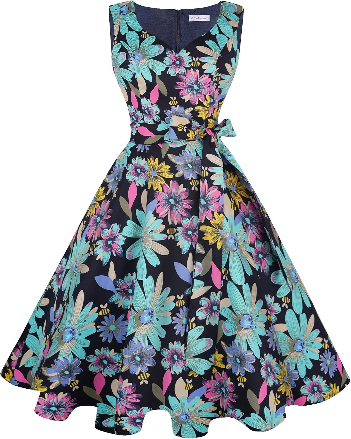 Girstunm 1950s Sleeveless Tea Party Swing Pockets Dress
