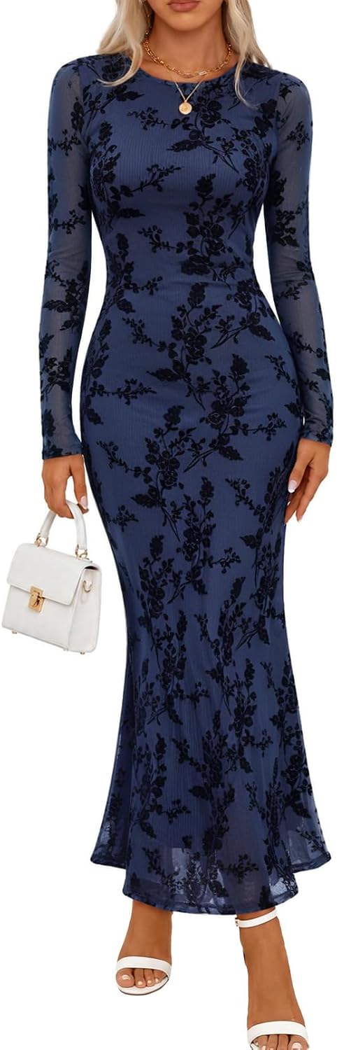 MEROKEETY Womens Fall Velvet Formal Wedding Guest Maxi Dress