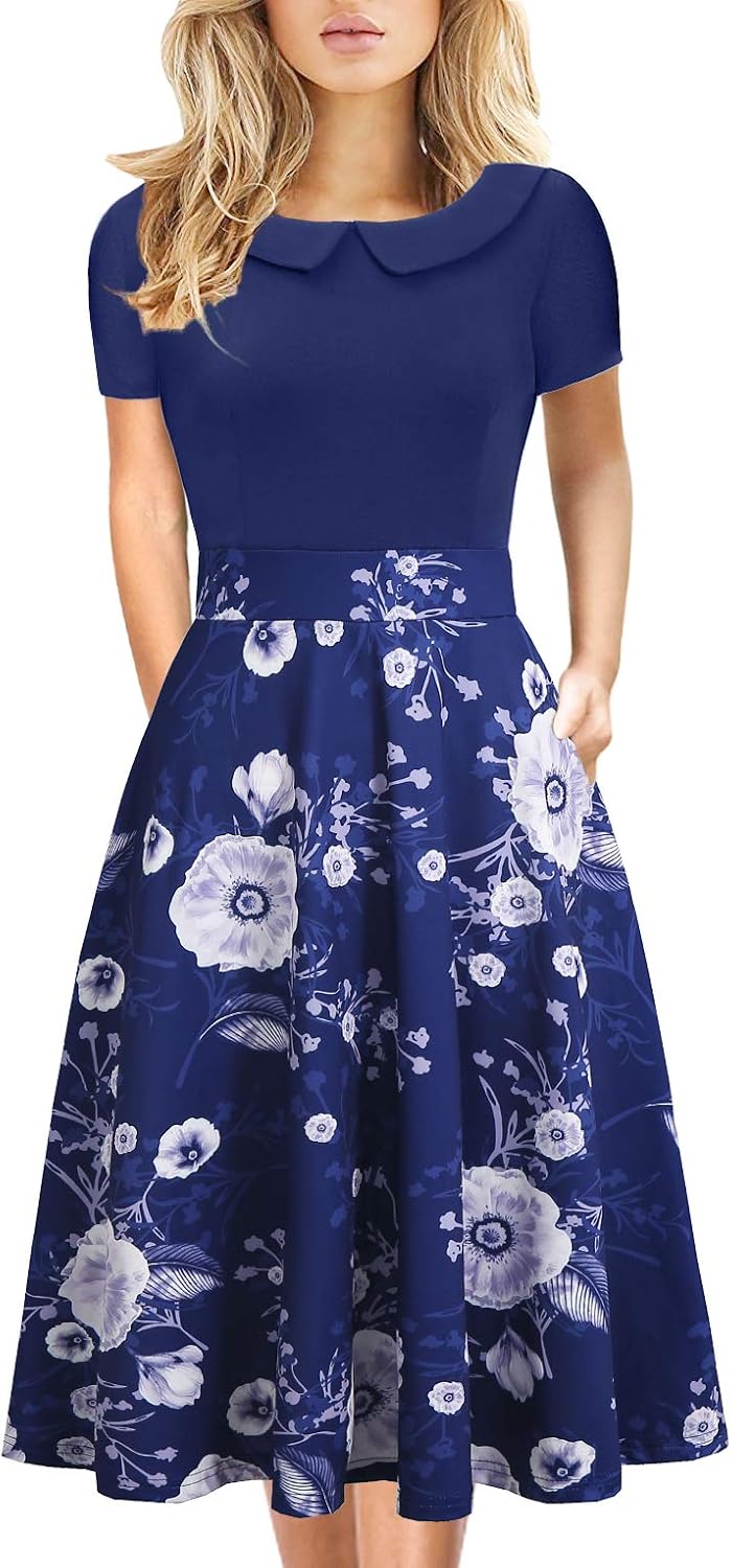 Women's Elegant Vintage Dresses Knee Length Casual Floral Print Work Party Peter Pan Collar A-Line Dress with Pockets 978
