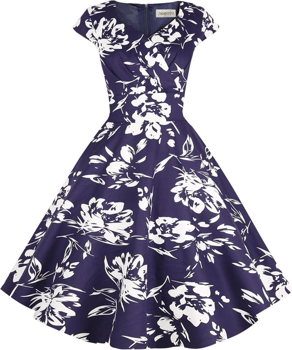 Women's Cap Sleeve 1950s Retro Vintage Cocktail Swing Dresses with Pocket