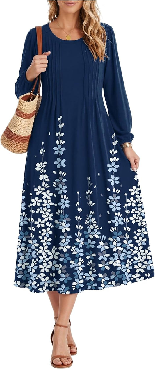 Zeagoo Fall Dresses for Women Long Sleeve Midi Dress Casual A Line Dresses 2026 Pleated Flare Dress with Pockets