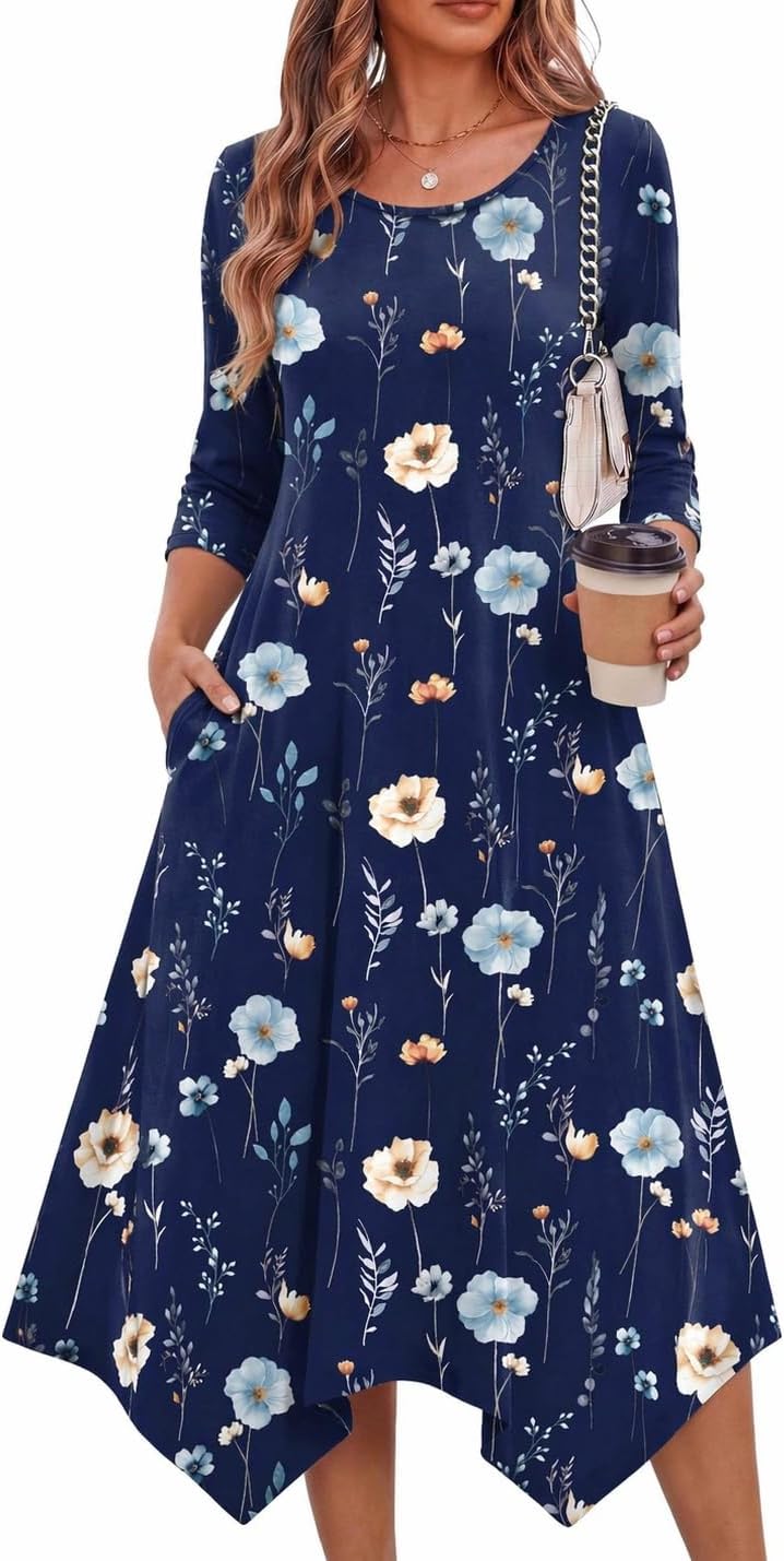 Zeagoo Midi Dresses Women 2026 Dress 3/4 Sleeve A Line Casual Dresses with Pockets