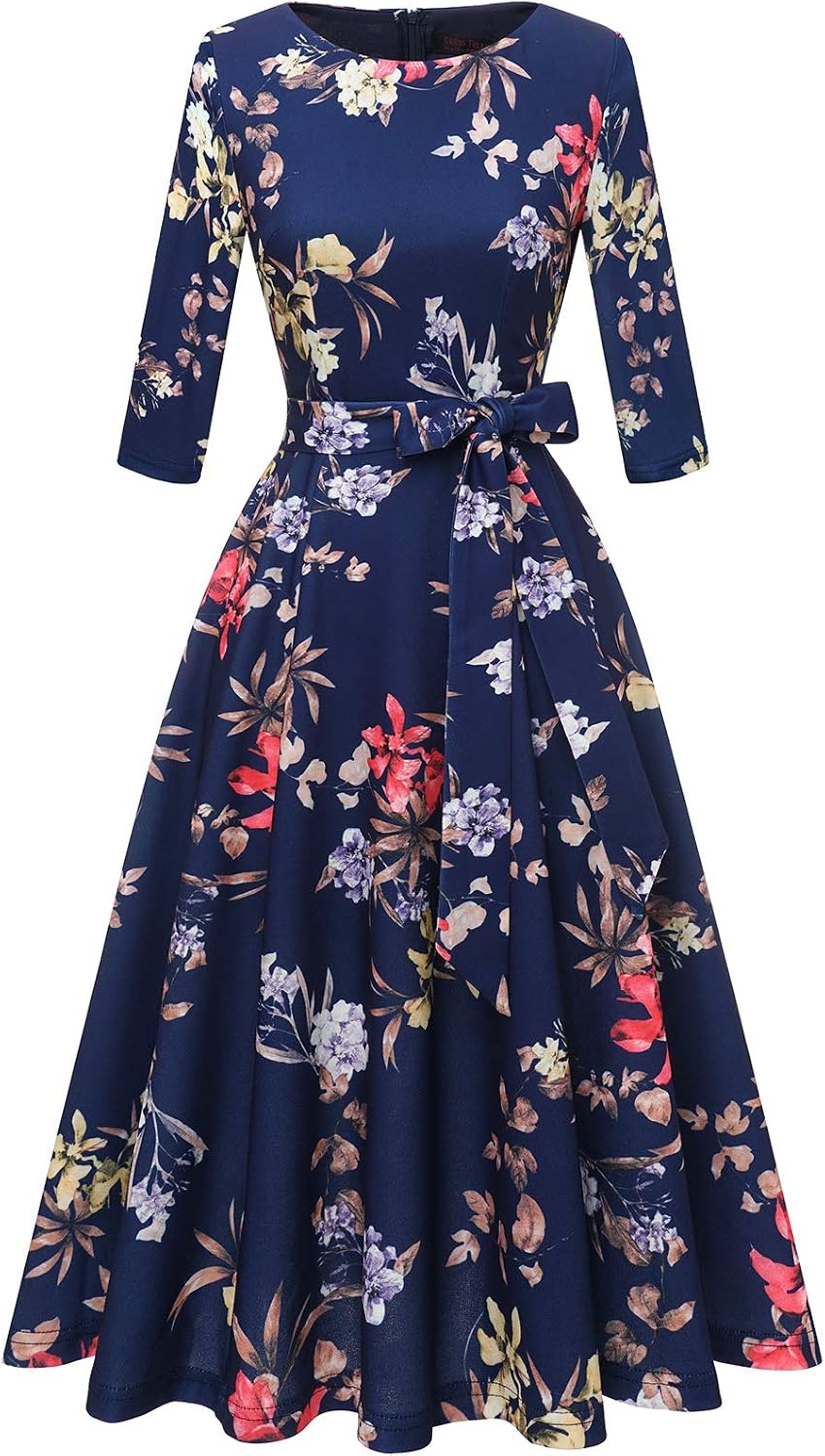 DRESSTELLS Cocktail Dresses for Women, Vintage Wedding Guest 3/4 Sleeves Formal Church Tea Dress