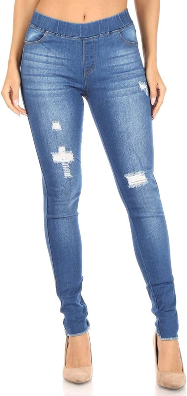 Women’s Stretch Denim Pull On Jeans With Pockets – Ripped