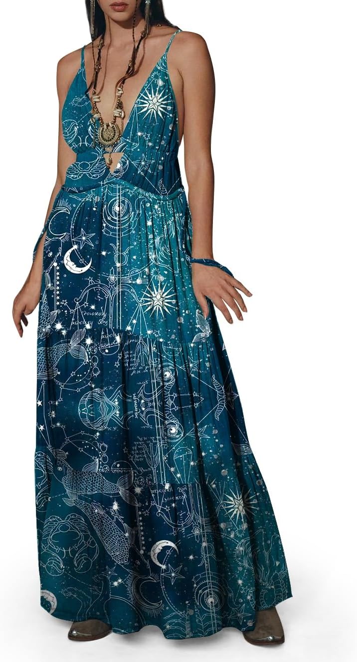 Womens Summer Sun Dresses Mystical Gothic Maxi Dress Casual Floral Witch Dress Date Dress Halloween Outfits