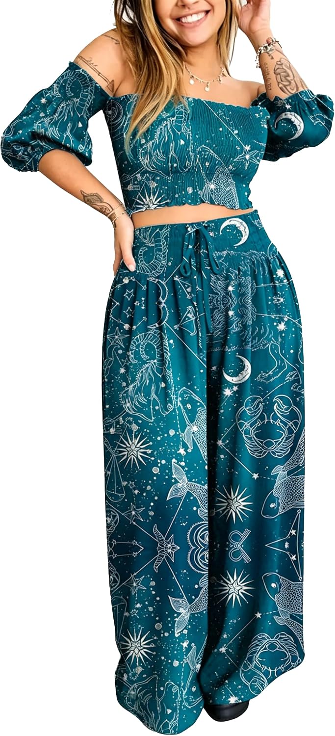 Womens Celestial Clothing Witchy Whimsigoth Outfits Cotton Co-ord Lounge Set Summer Vacation Travel Clothes