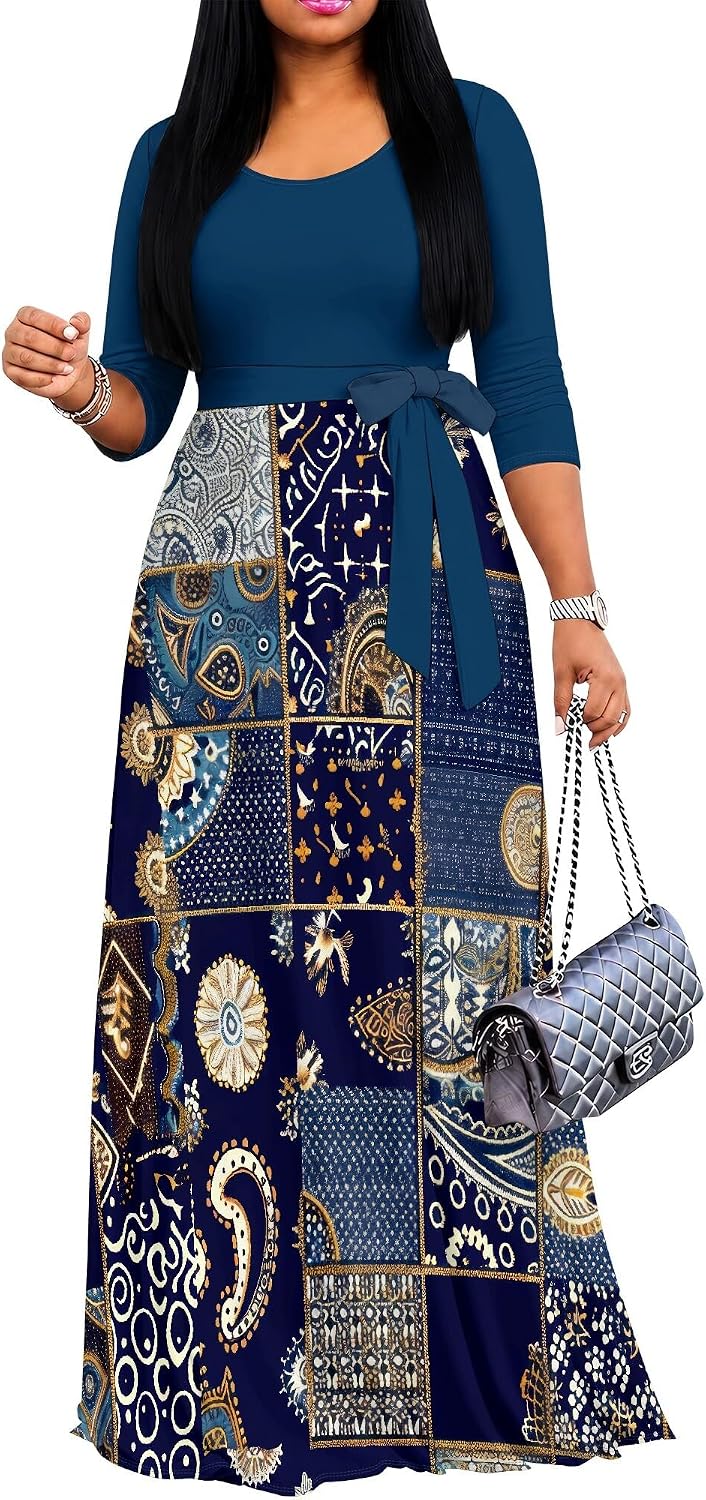 PinkPatty Women's Plus Size V Neck 3/4 Sleeve Boho Maxi Dress with Pockets