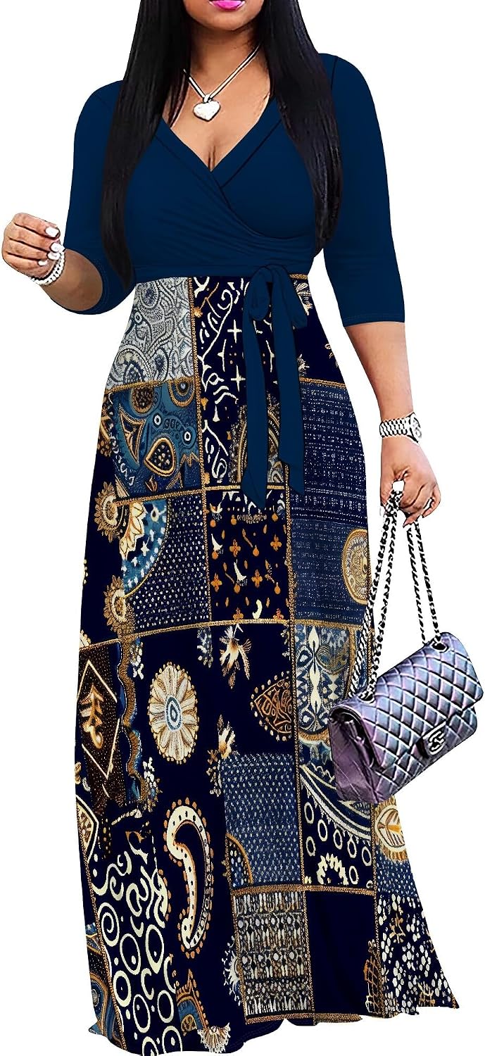 PinkPatty Women's Plus Size V Neck 3/4 Sleeve Boho Maxi Dress with Pockets