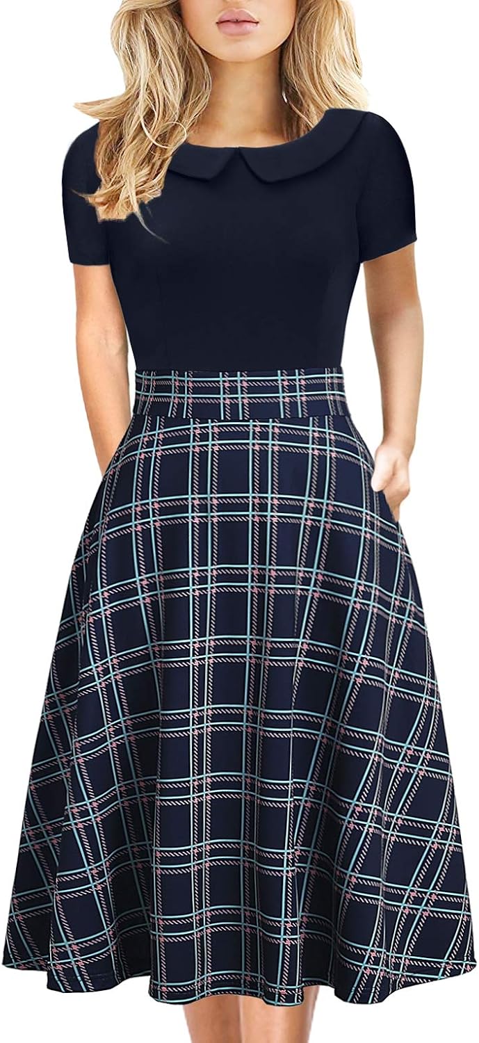 Women's Elegant Vintage Dresses Knee Length Casual Floral Print Work Party Peter Pan Collar A-Line Dress with Pockets 978