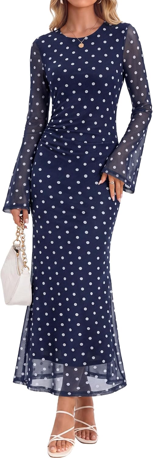 ZESICA Womens Long Sleeve Floral Fall Bodycon Ruched Mesh Maxi Formal Dress