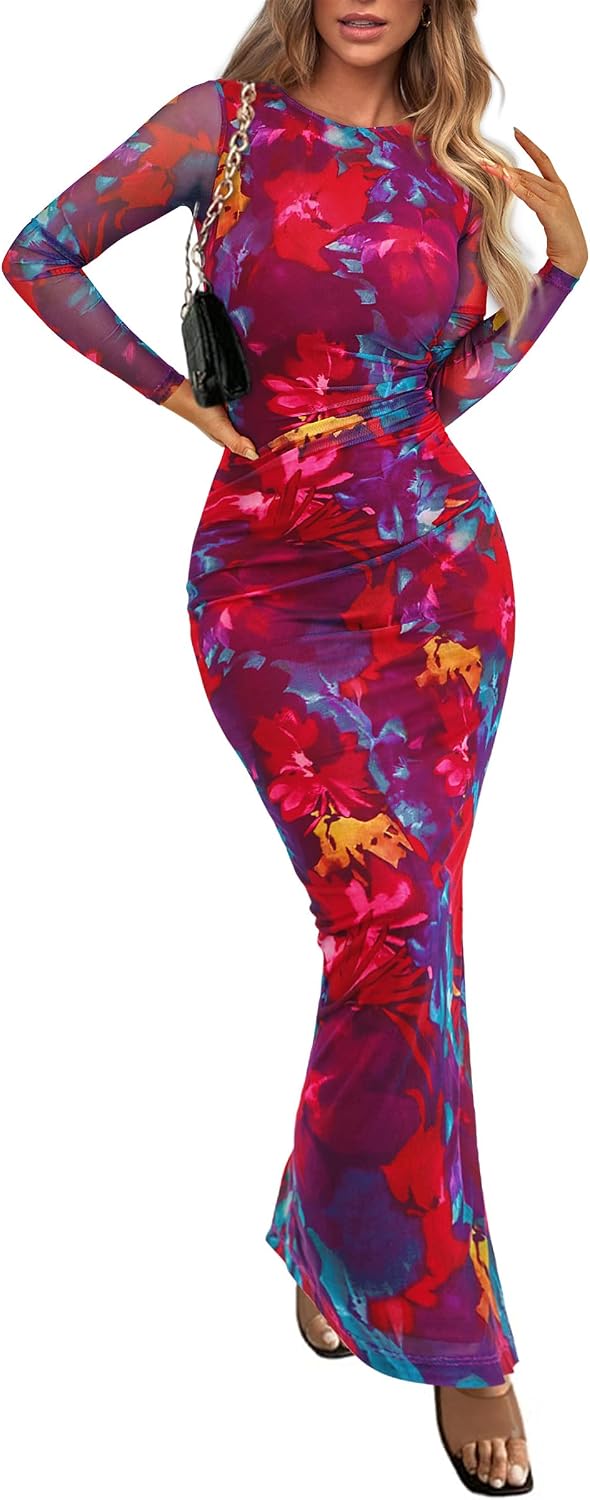 PRETTYGARDEN Women's Floral Bodycon Maxi Fall Dress