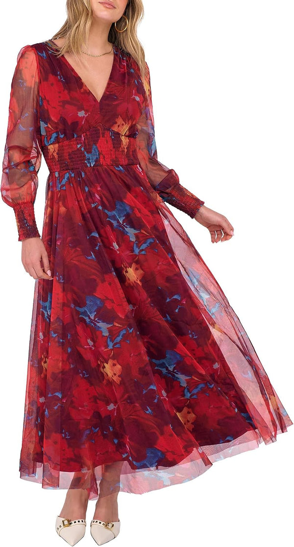 ANRABESS Women's Fall Wedding Guest Tulle Floral Long Sleeve Maxi Dress
