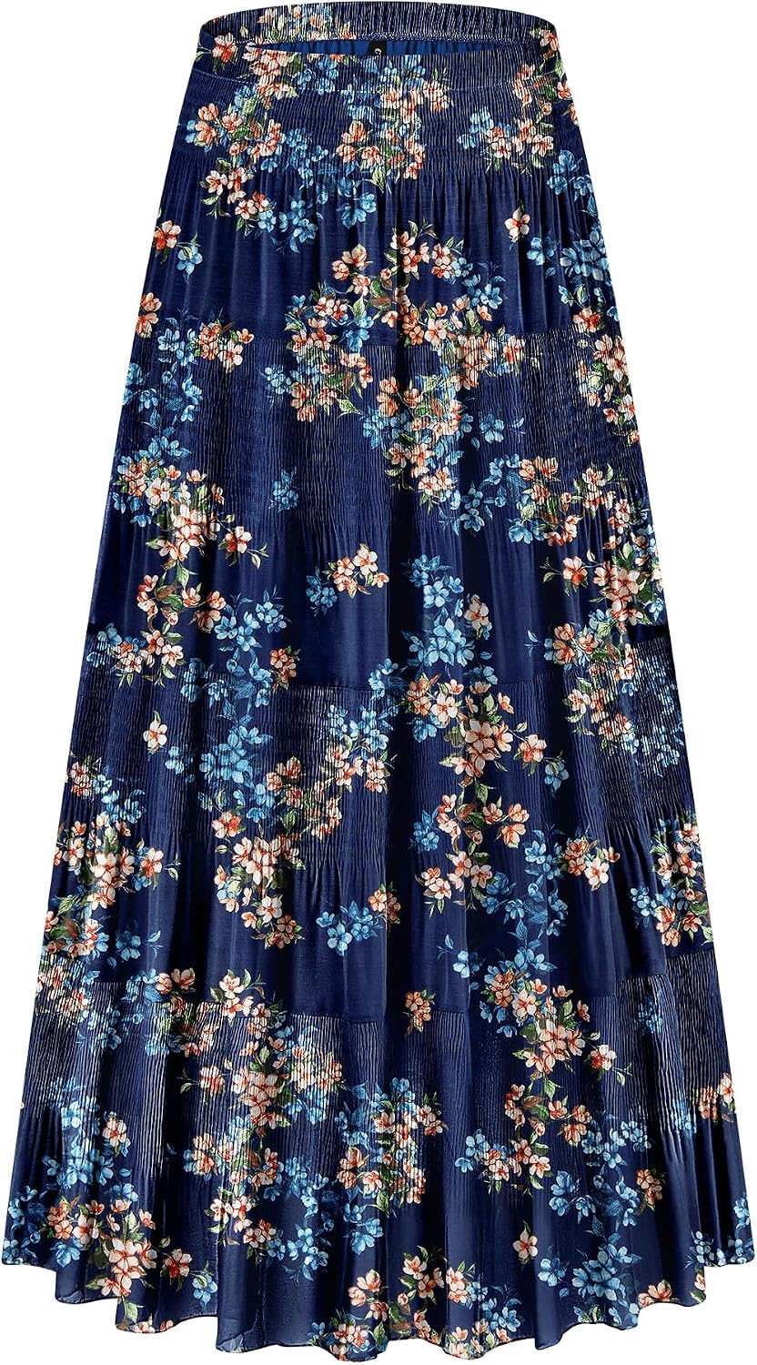 CYiNu Women's Chiffon Elastic High Waist Tiered Pleated Floral Printed A-Line Boho Long Maxi Skirts