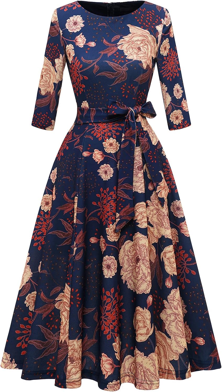 DRESSTELLS Cocktail Dresses for Women, Vintage Wedding Guest 3/4 Sleeves Formal Church Tea Dress