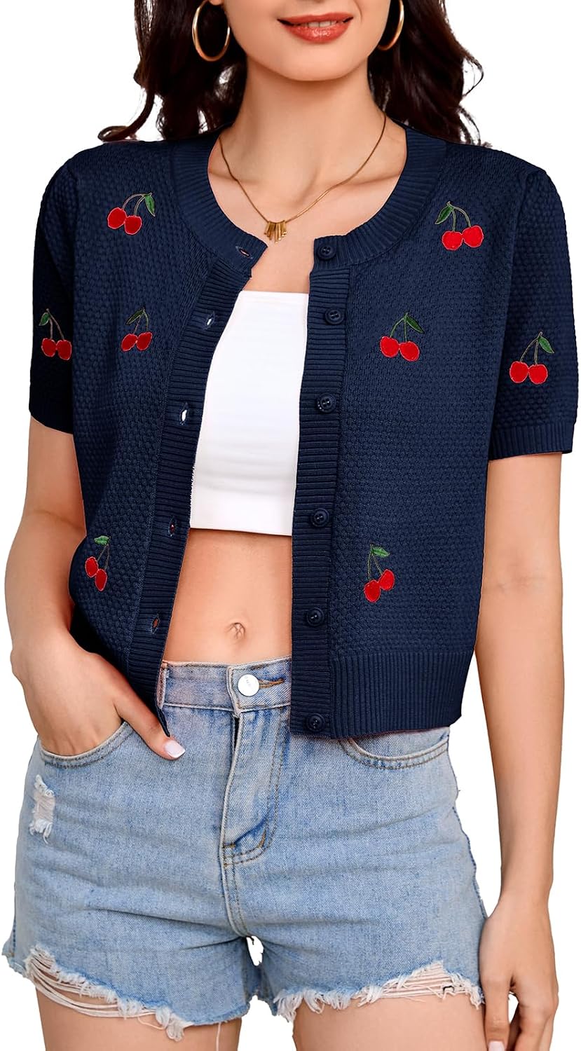 Bbonlinedress Women Cherry Short Sleeve Cardigan Tops Vintage Sweater Shirt