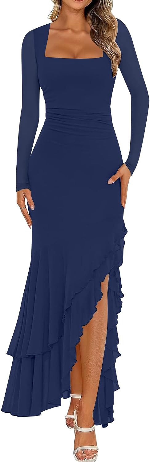 BORIFLORS Women's Bodycon Fall Wedding Guest Long Sleeve Maxi Dress