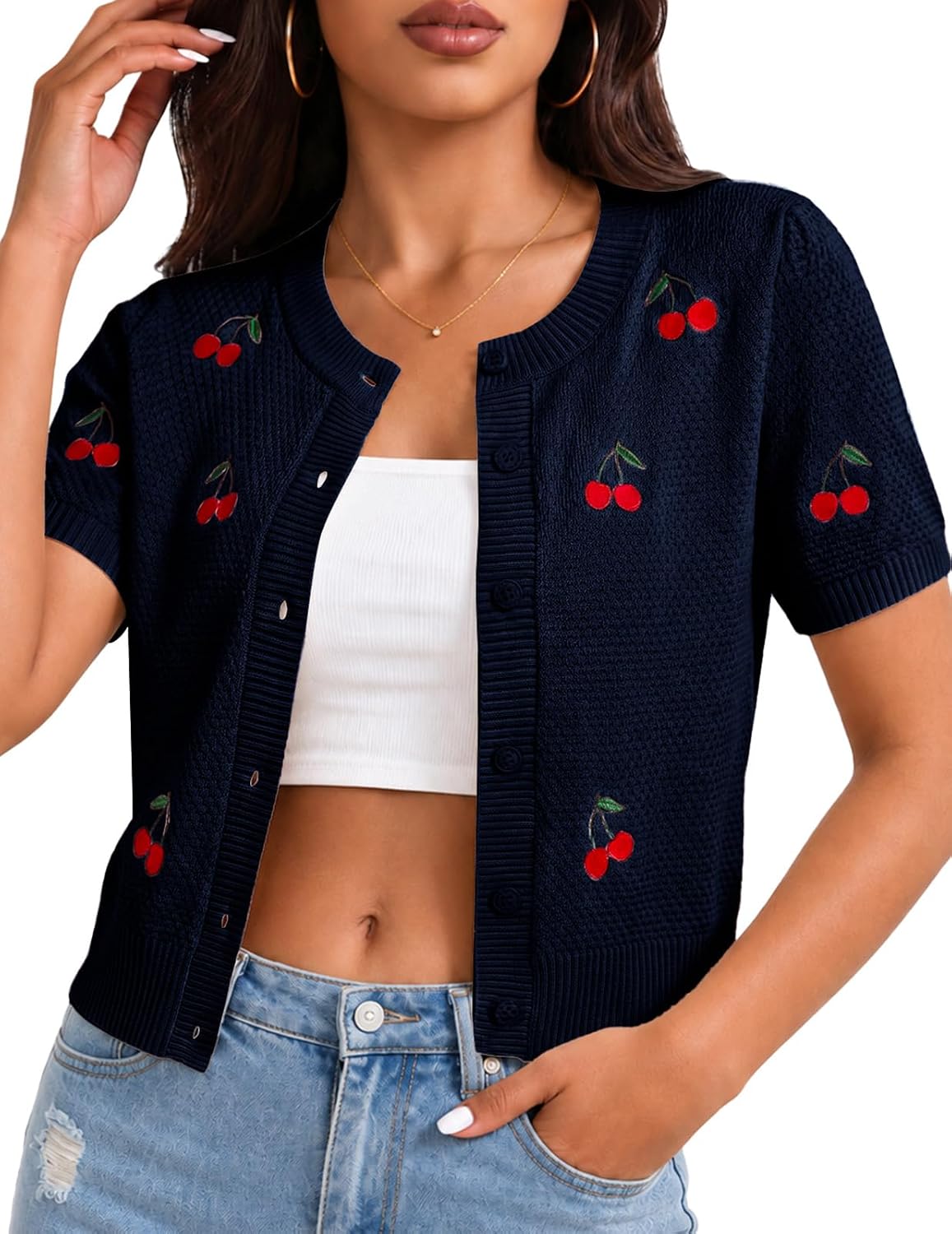 Cherry Short Sleeve Cardigan for Women Cropped Lightweight Cardigan Sweater Main image